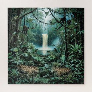 Vibrant rainforest green foliage majestic jaguars jigsaw puzzle