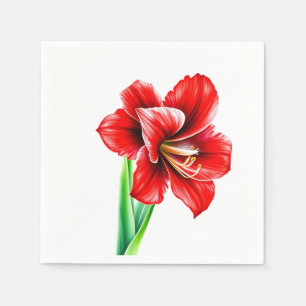Vibrant Red Amaryllis in Watercolor Napkin