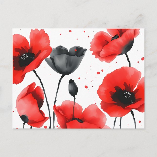 Vibrant Red and Black Poppies in Watercolor Postcard (Front)