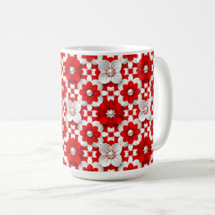 Vibrant Red And White Floral Pattern With Pearl Coffee Mug