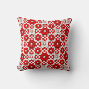 Vibrant Red And White Floral Pattern With Pearl Throw Pillow