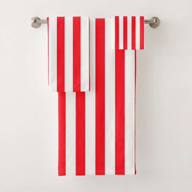 Vibrant Red and White Striped Pattern Bath Towel Set (Insitu)