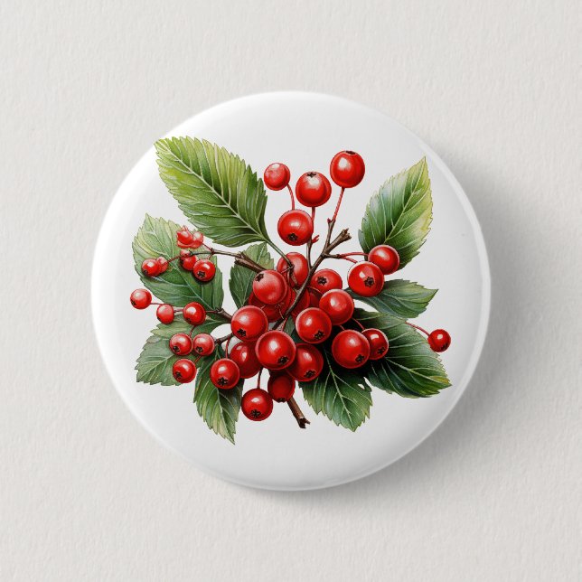 Vibrant Red Berries with Lush Green Leaves  2 Inch Round Button (Front)