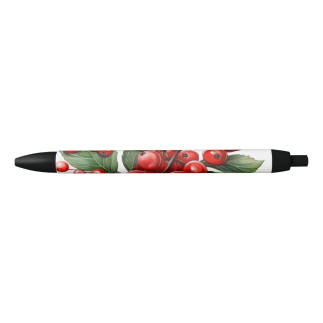 Vibrant Red Berries with Lush Green Leaves - Natur Black Ink Pen (Front)