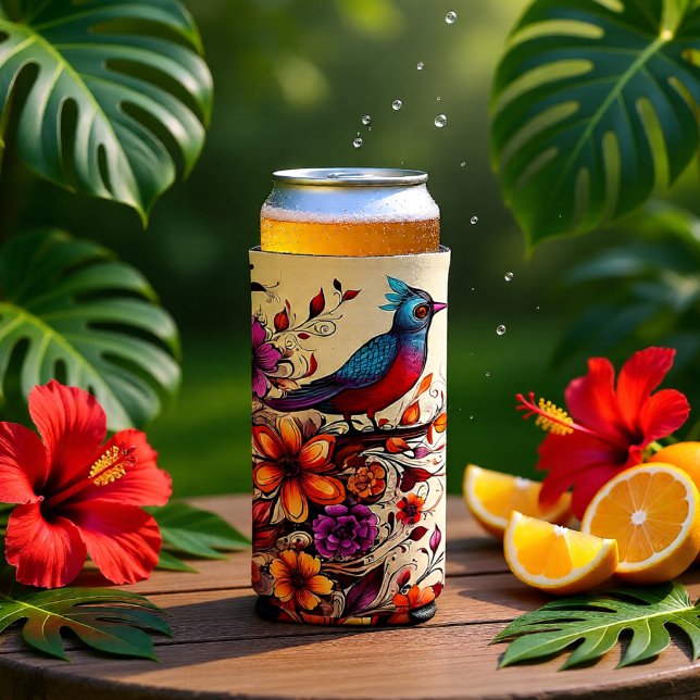 Vibrant Red Bird & Wildflower Botanical Nature  Seltzer Can Cooler (Vibrant Red Bird & Wildflower Botanical Nature Seltzer Can Cooler)