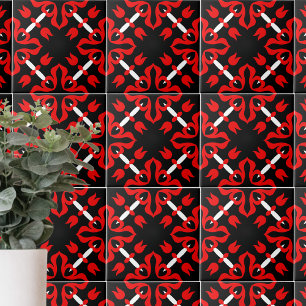 Vibrant Red Black and White Japanese Pattern Tile