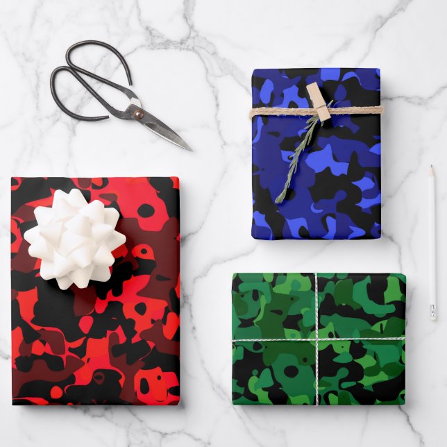 Vibrant Red Blue Green Camo Wrapping Paper Sheets (Front)
