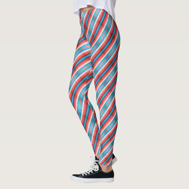 Vibrant red, blue, pink diagonal stripes pattern leggings (Left)