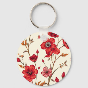 Vibrant Red Botanical Illustration Keychain