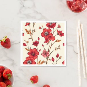 Vibrant Red Botanical Illustration Napkin