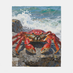 Vibrant Red Crab Ocean Waves Fleece Blanket