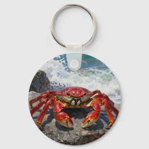Vibrant Red Crab Ocean Waves Keychain