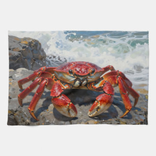 Vibrant Red Crab Ocean Waves Kitchen Towel