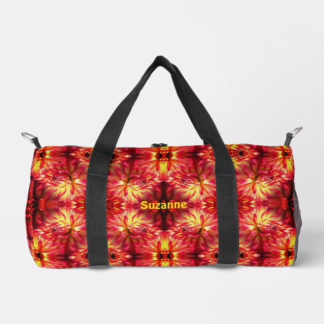 Vibrant Red Dahlia Flower Pattern Personalized Duffle Bag (Front)