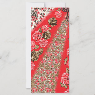 Vibrant red fabric featuring intricate floral and 