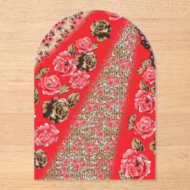 Vibrant red fabric featuring intricate floral and  acrylic invitations (Front)