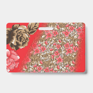 Vibrant red fabric featuring intricate floral and badge