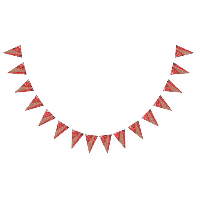 Vibrant red fabric featuring intricate floral and  bunting flags (All)