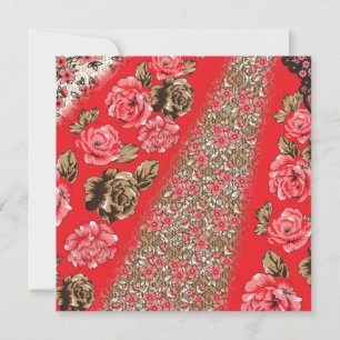 Vibrant red fabric featuring intricate floral and card