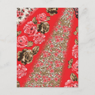 Vibrant red fabric featuring intricate floral and  enclosure card