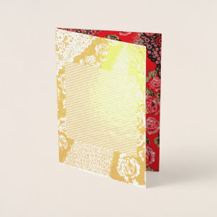Vibrant red fabric featuring intricate floral and foil card