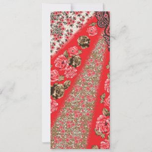 Vibrant red fabric featuring intricate floral and  invitation