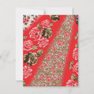 Vibrant red fabric featuring intricate floral and invitation