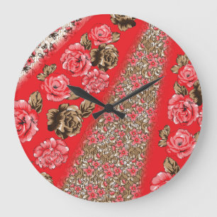 Vibrant red fabric featuring intricate floral and  large clock