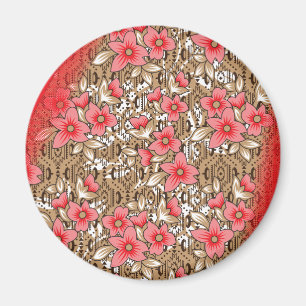 Vibrant red fabric featuring intricate floral and magnet