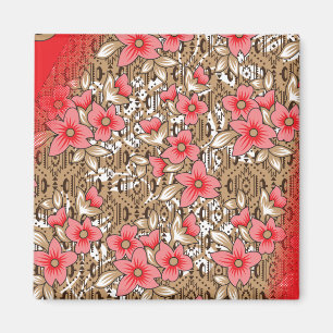 Vibrant red fabric featuring intricate floral and magnet