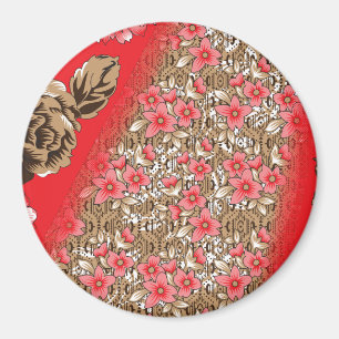 Vibrant red fabric featuring intricate floral and  magnet