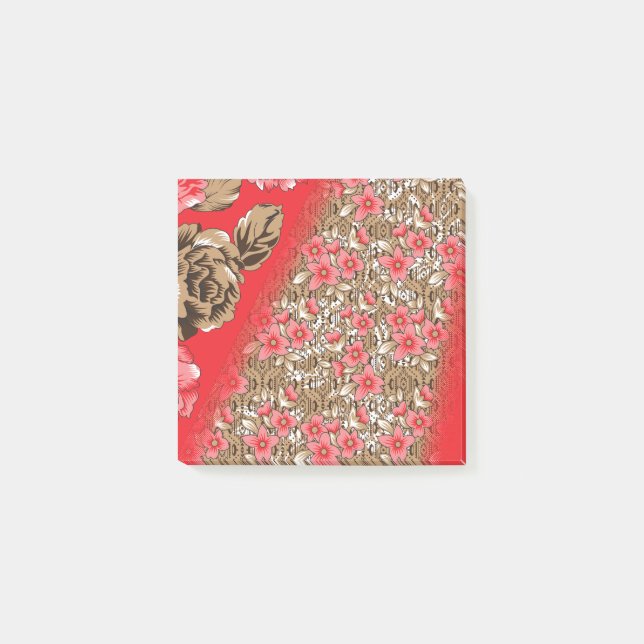 Vibrant red fabric featuring intricate floral and  post-it notes (Front)