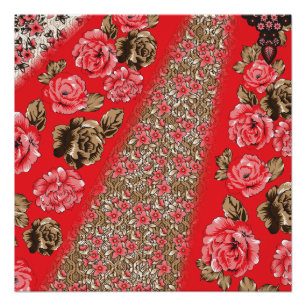 Vibrant red fabric featuring intricate floral and  poster