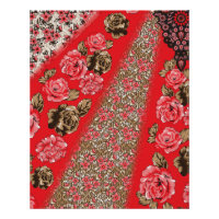 Vibrant red fabric featuring intricate floral and 