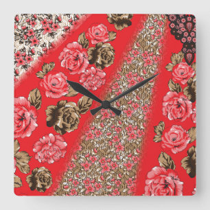 Vibrant red fabric featuring intricate floral and  square wall clock