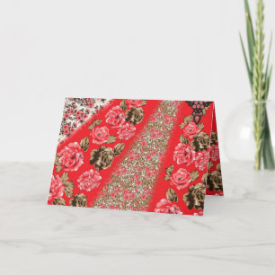 Vibrant red fabric featuring intricate floral and  thank you card
