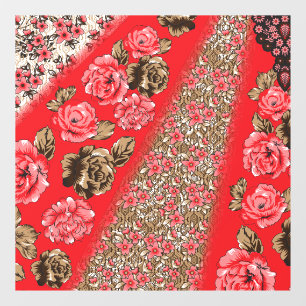 Vibrant red fabric featuring intricate floral and window cling