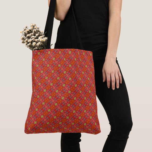 Vibrant red fishing nets diagonal pattern tote bag (Close Up)