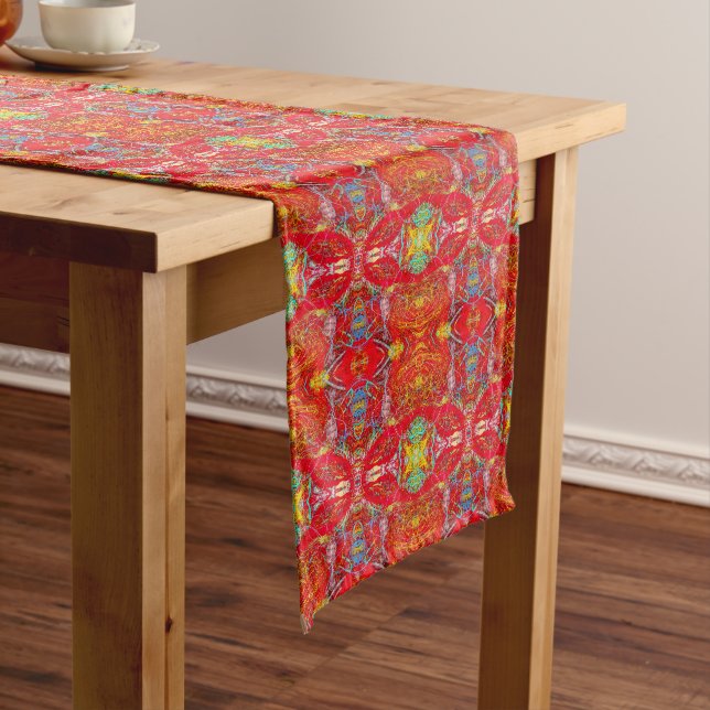 Vibrant red fishing nets pattern short table runner (In Situ)
