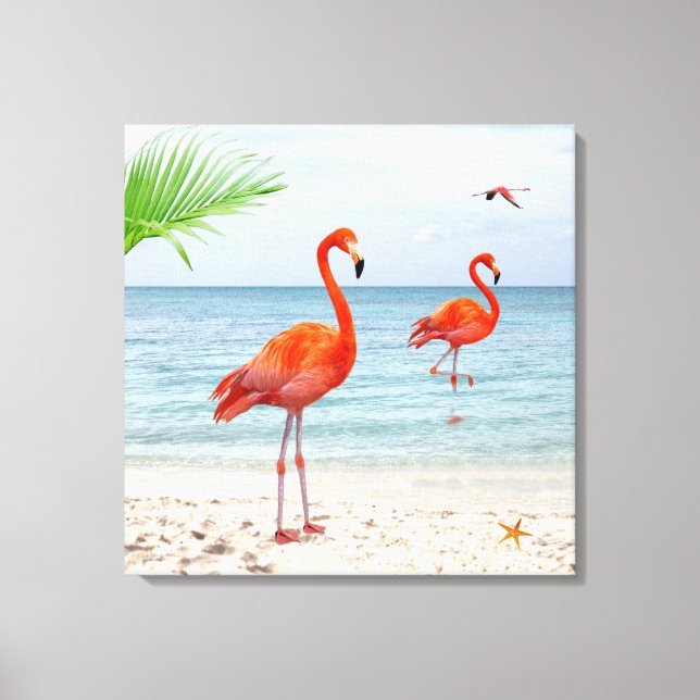 Vibrant Red Flamingos & Palm on the Beach Canvas Print (Front)