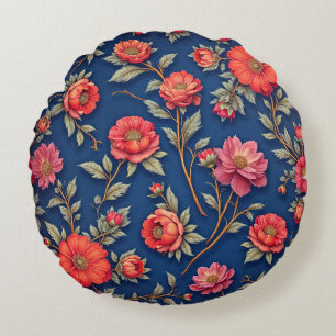 Vibrant Red Floral Pattern Round Pillow