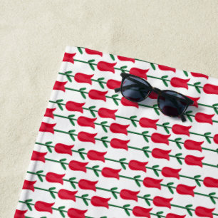 Vibrant Red Floral with Lush Green Leaves Pattern Beach Towel