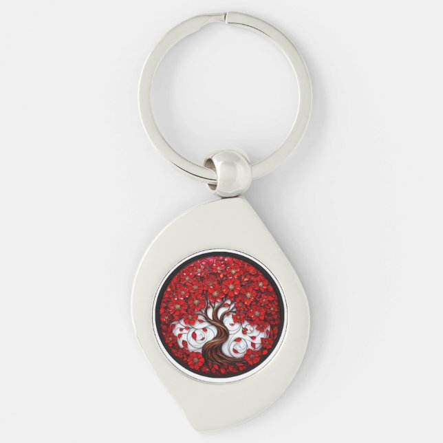 Vibrant Red Flower Tree with Stylish Details Keychain (Front)