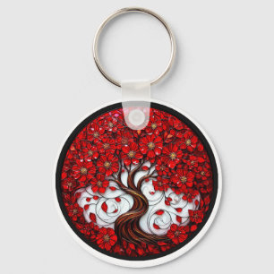 Vibrant Red Flower Tree with Stylish Details Keychain