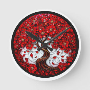 Vibrant Red Flower Tree with Stylish Details Round Clock