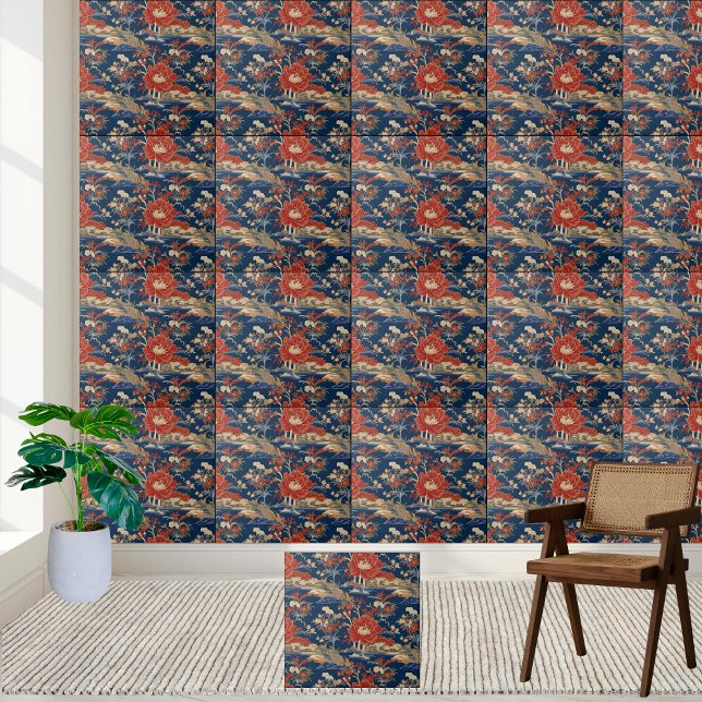 Vibrant Red Flowers and Blue Chinoiserie Landscape Tile (Vibrant Red Flowers and Blue Chinoiserie Landscape Ceramic Tile)