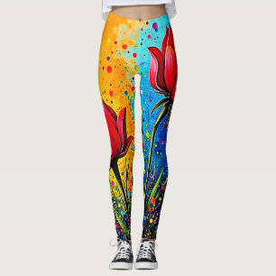 Vibrant Red Flowers Pop Art Print Leggings