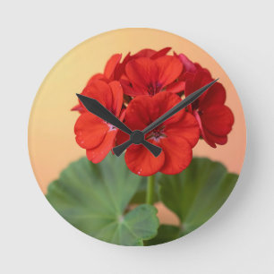 Vibrant Red Geranium Floral Bloom Round Clock