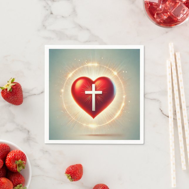 Vibrant Red Heart Christian Cross Decoupage Napkin (Insitu)