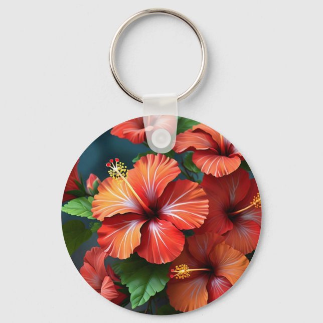 Vibrant Red Hibiscus Flowers-76894 Keychain (Front)